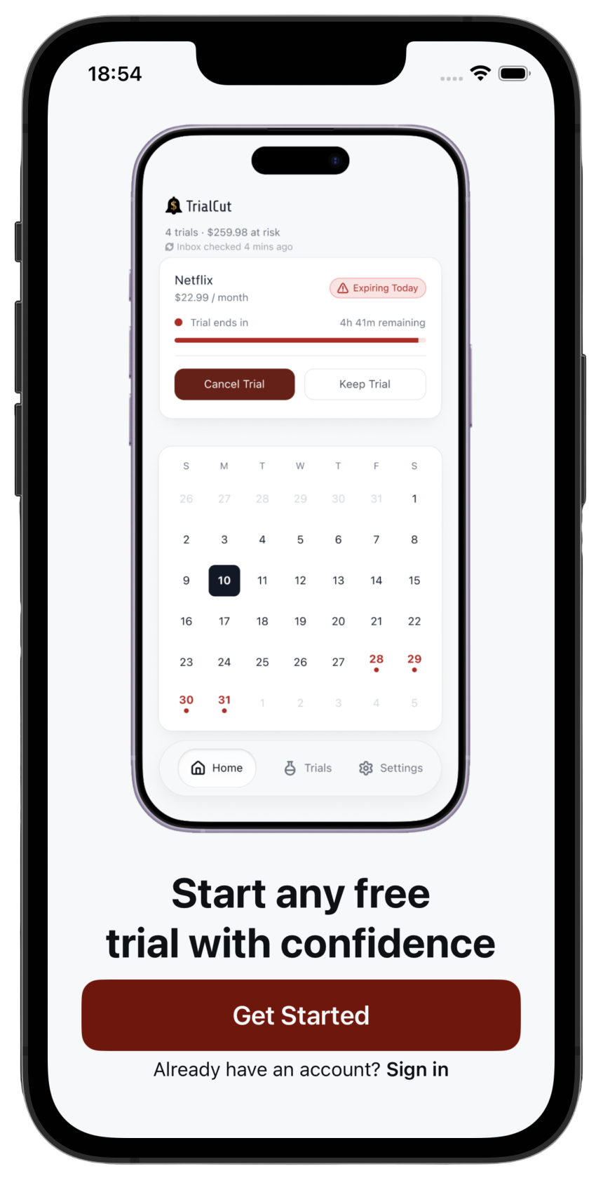 TrialCut onboarding screen