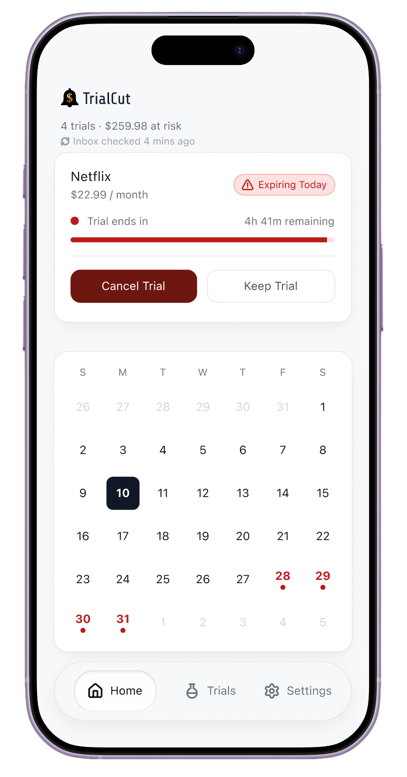 TrialCut home screen showing a Netflix trial expiring today